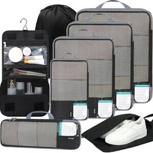 Compression Packing Cubes Travel Organizers - 8-Jet Black, Expandable Set